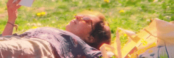 Someone reading a book in a lawn sprinkled with flowers